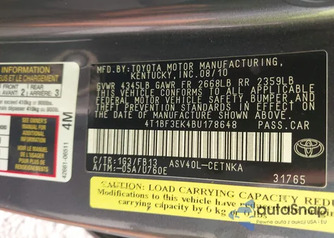 2011 Toyota Camry Le из США, поврежденный, VIN 4T1BF3EK4BU178648